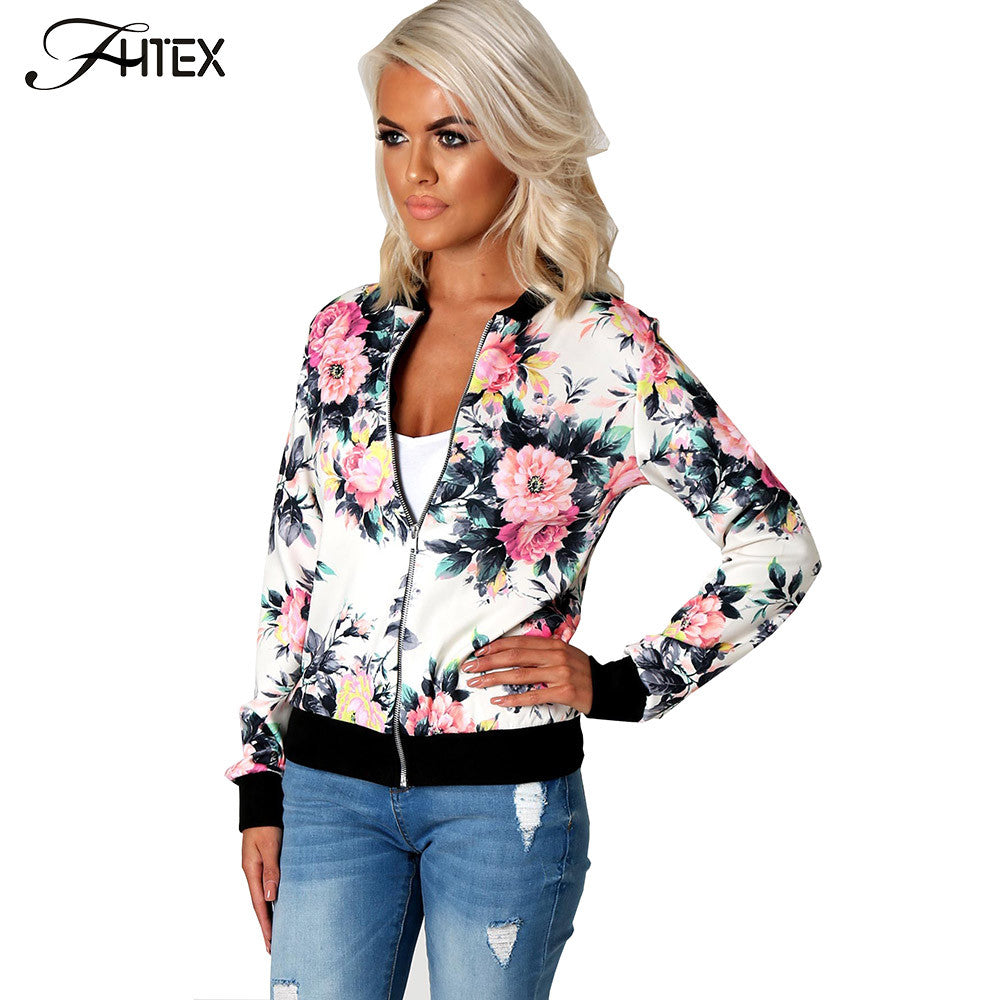 Flower Print Women Basic Coats Zipper Bomber Jacket