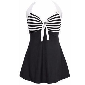 Plus Size Stripe Padded Halter Skirt Swimwear Women One Piece Swimsuit
