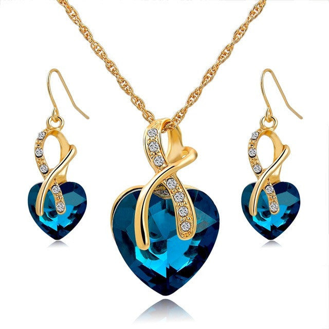Crystal Heart Necklace Earrings Jewellery Set