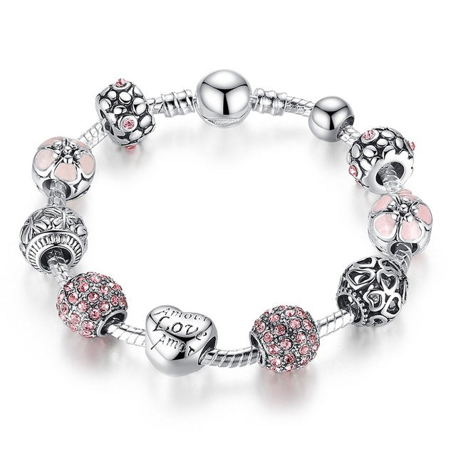 Charm Bracelet & Bangle with Love and Flower Crystal