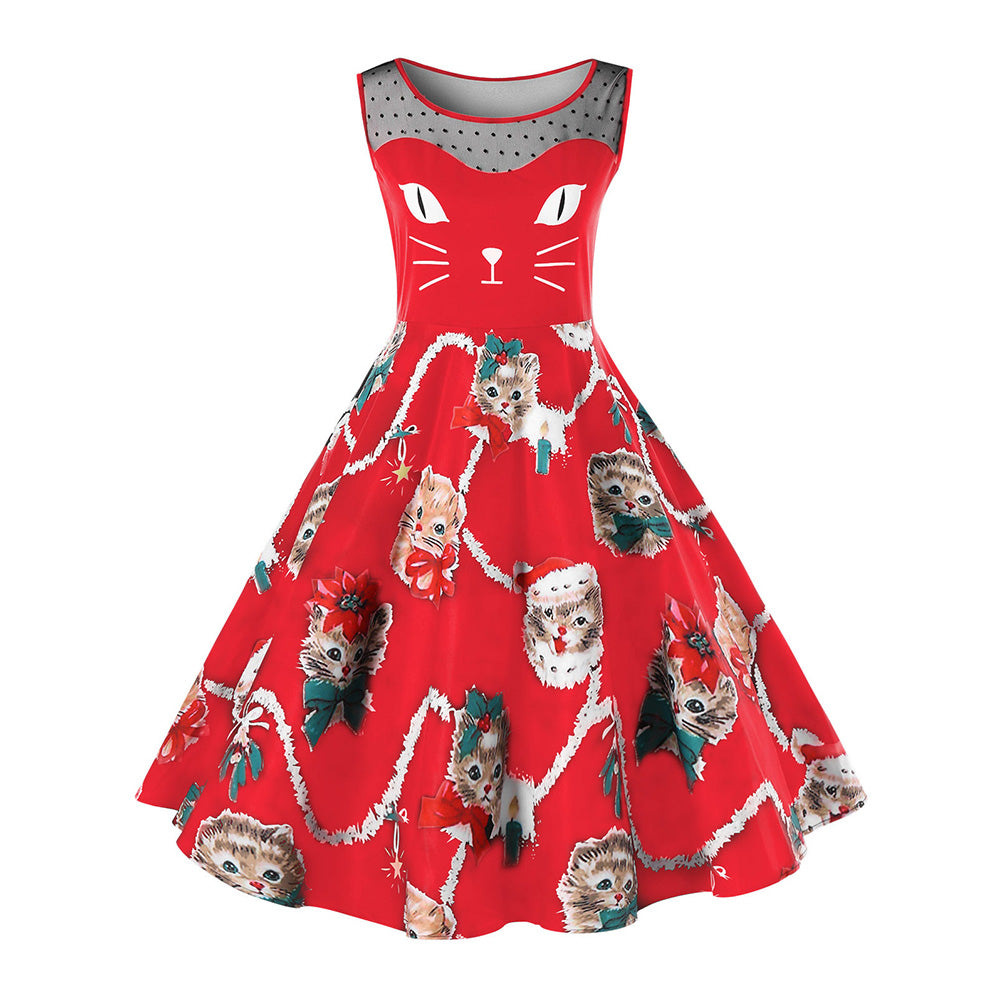 Plus Size Christmas Cat Print Dress