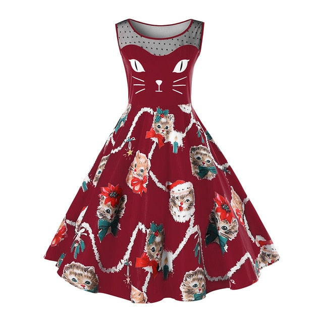 Plus Size Christmas Cat Print Dress